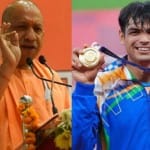 सीएम योगी आदित्यनाथ, दाएं ओलंपिक 2020 में गोल्ड विजेता नीरज चोपड़ा।