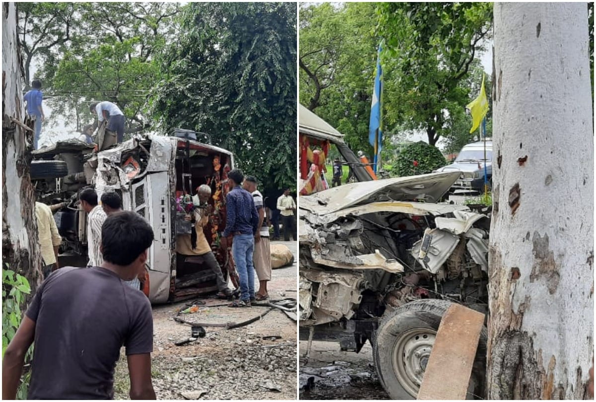 Bus overturned after a face to face collision pickup hit a tree many passengers injured