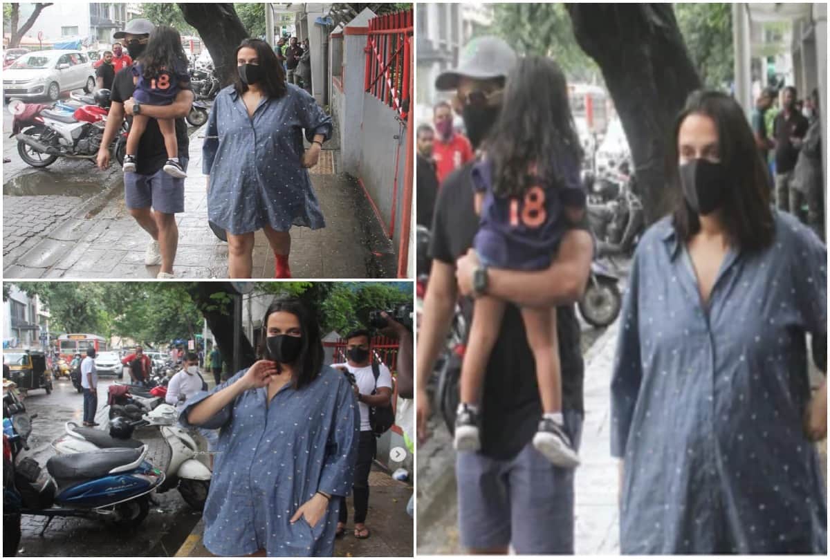 Pregnant Neha Dhupia, Angad Bedi and daughter Mehr spotted outside cafe in Mumbai
