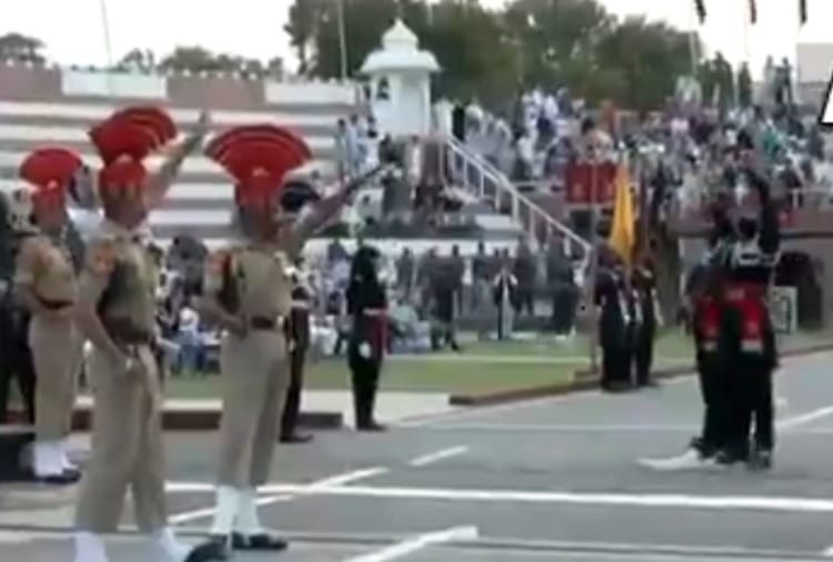 Beating retreat takes place at Attari Wagah border in Punjab on 75th Independence Day