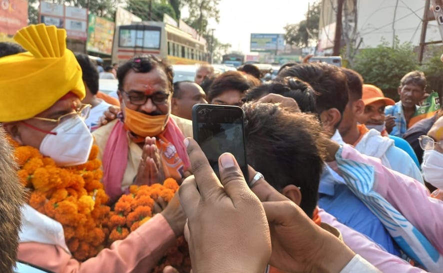 Celebrating the party by taking out Jan Ashirwad Yatra