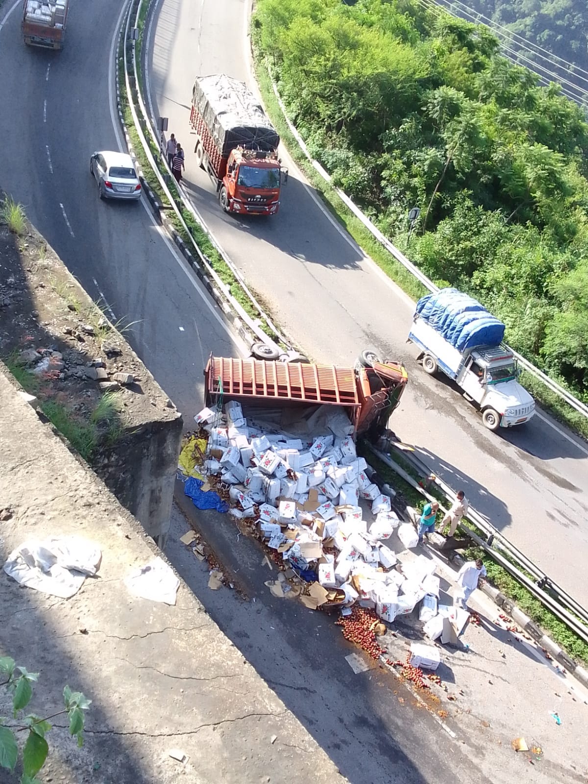 A truck laden with apples overturns; Driver killed, two seriously injured, Accident near TTR on Kalka-Shimla NH, truck was carrying apples from Sanjauli to Chandigarh