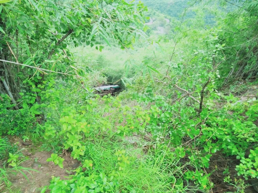 Spare parts of the bus broke woth a sound before falling in trench near Thhedpura in Baddi