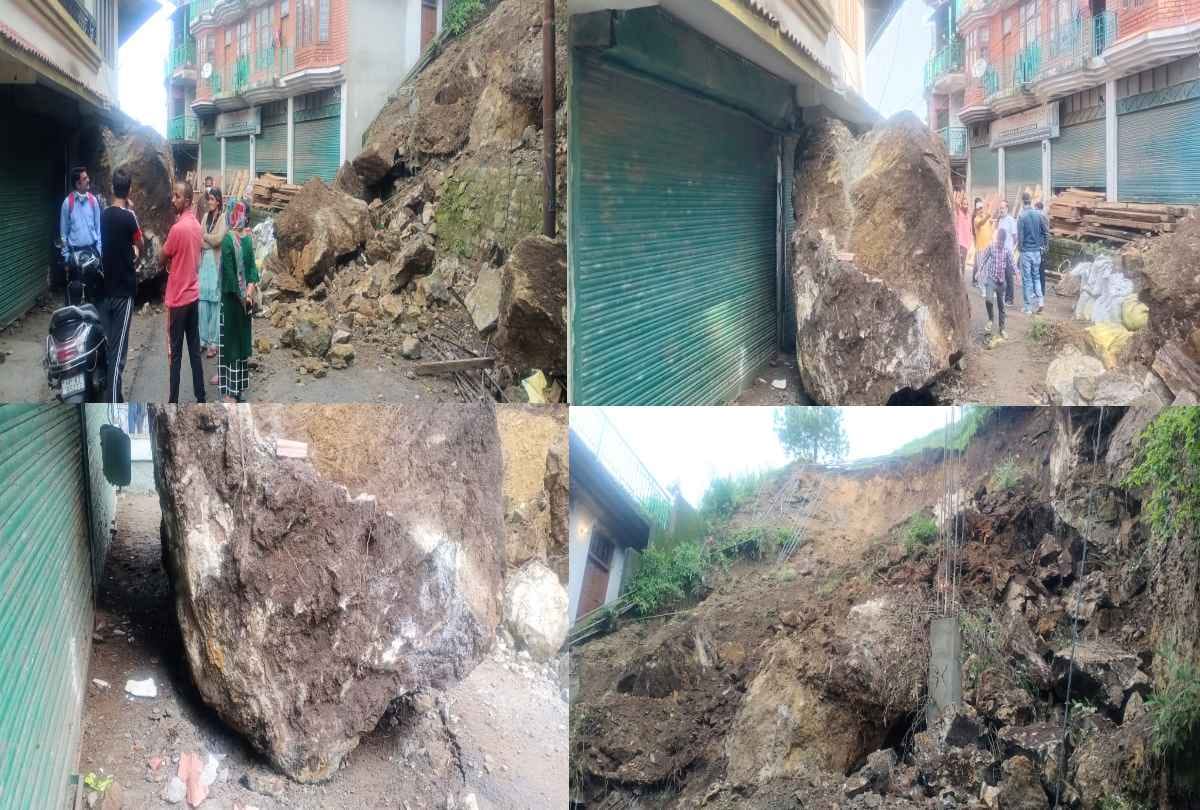 large scale landslide in Hiranagar shimla, massive boulder fell on the road, danger to the house
