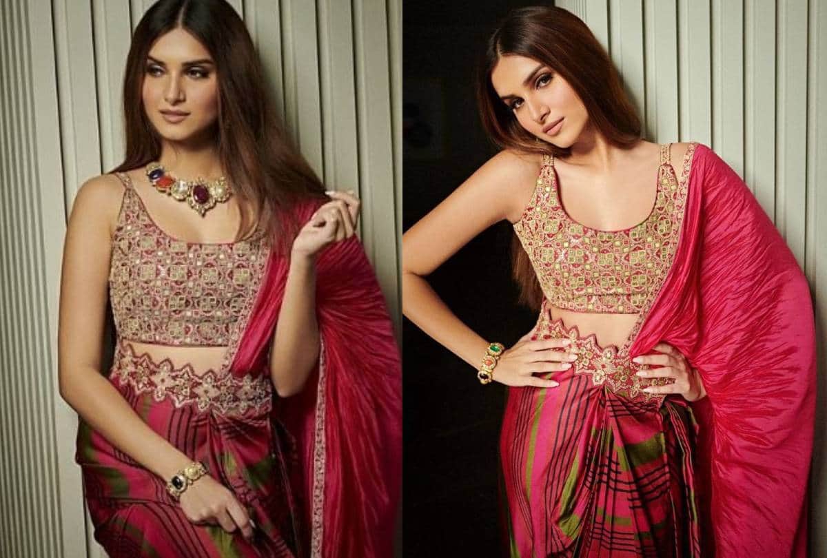 tara sutaria looks stunning in a cherry red pre draped satin silk saree pictures goes viral