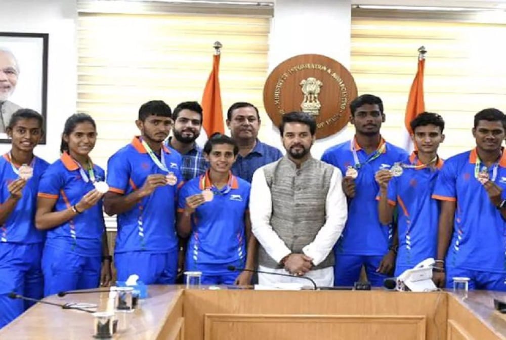 Sports Minister anurag thakur interacts with athletes and medallists after their return from U-20 World Athletics Championships 