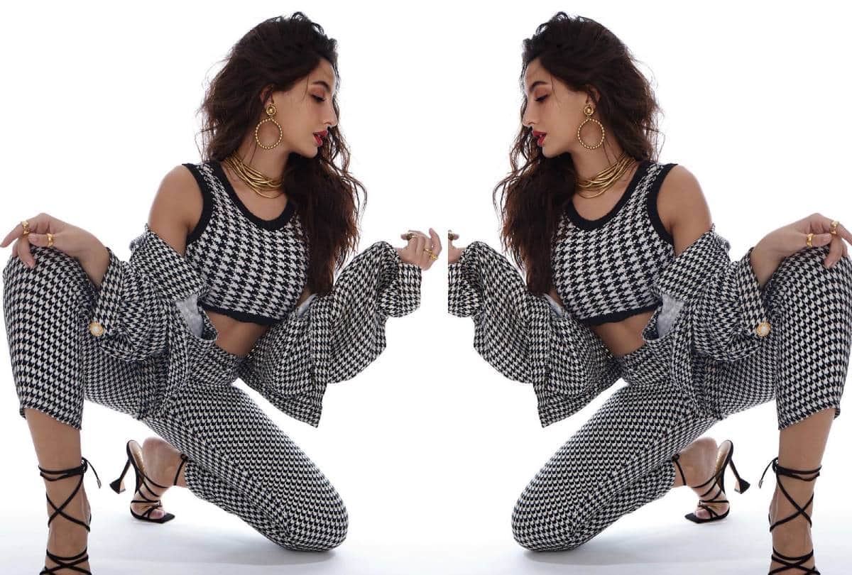Nora fatehi black and white printed crop top and jacket look photo goes viral