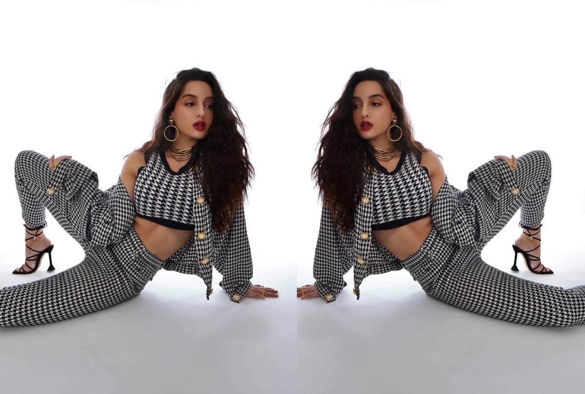 Nora fatehi black and white printed crop top and jacket look photo goes viral