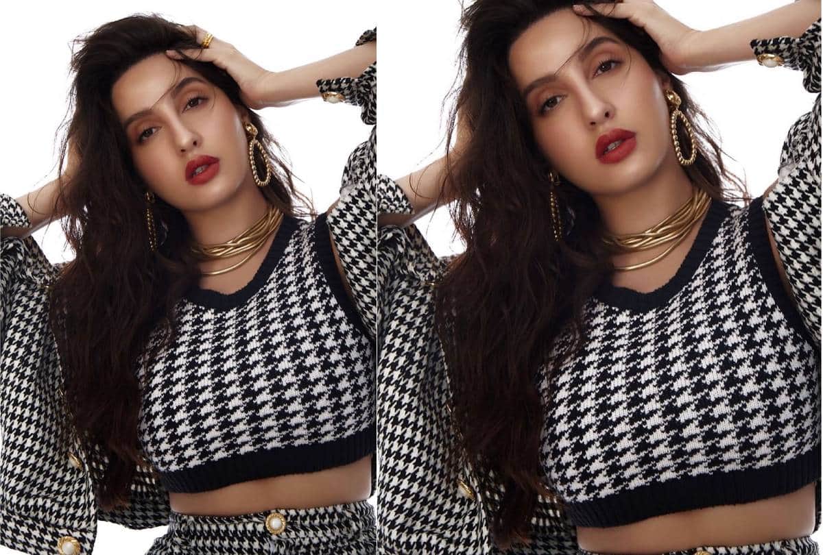Nora fatehi black and white printed crop top and jacket look photo goes viral