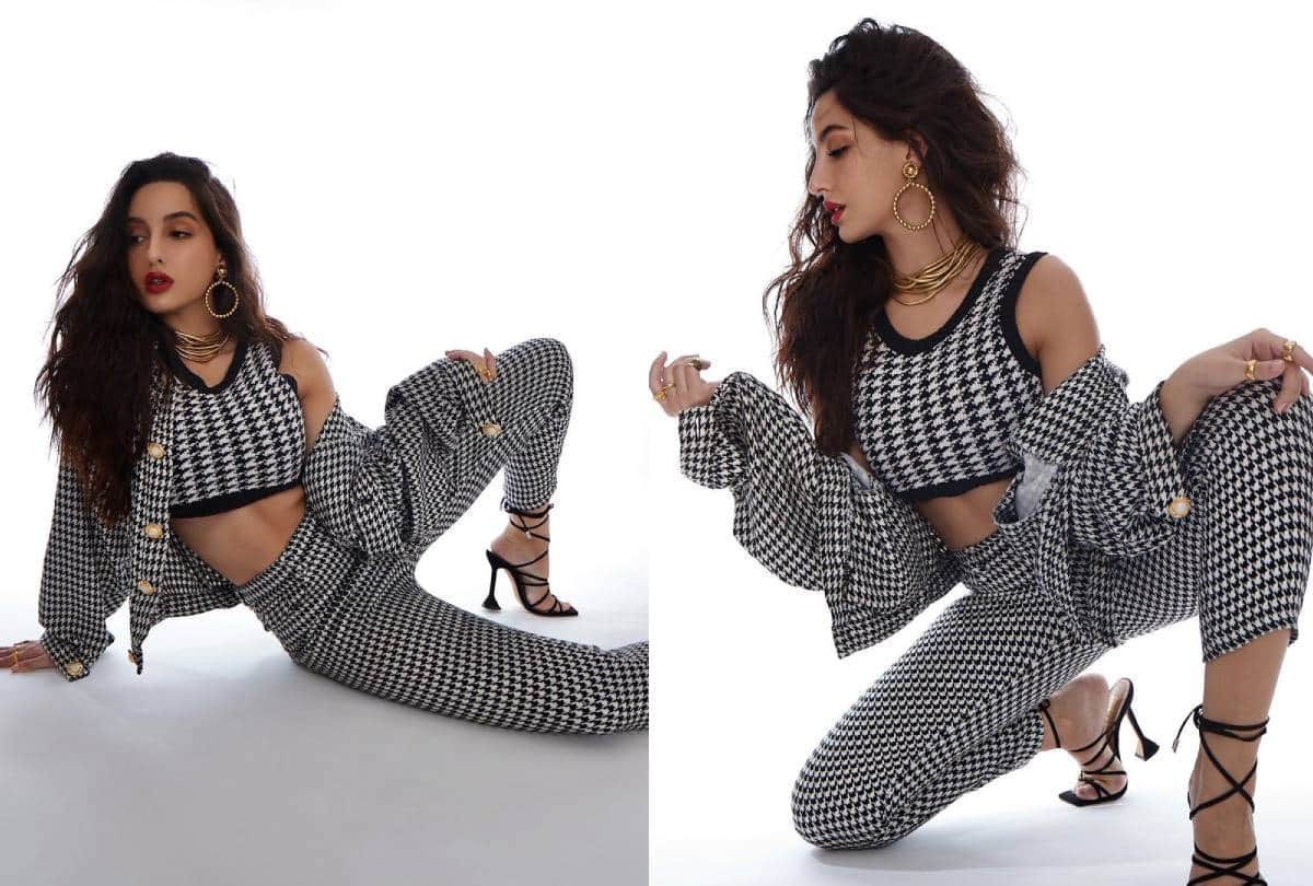 Nora fatehi black and white printed crop top and jacket look photo goes viral