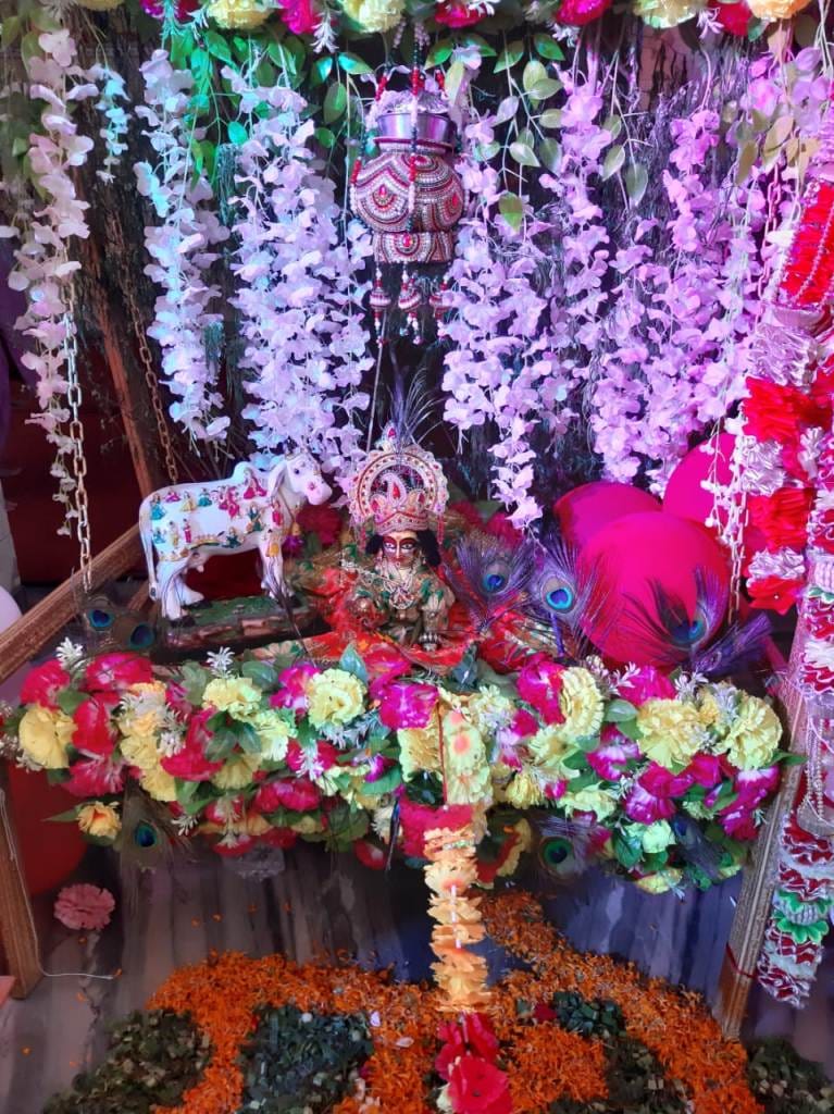 Temple decorated on Janmashtami, swinging the child form of Shri Krishna