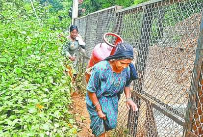 सीमांत इलाके में कंधे पर सिलिंडर लादकर ले जाती महिला