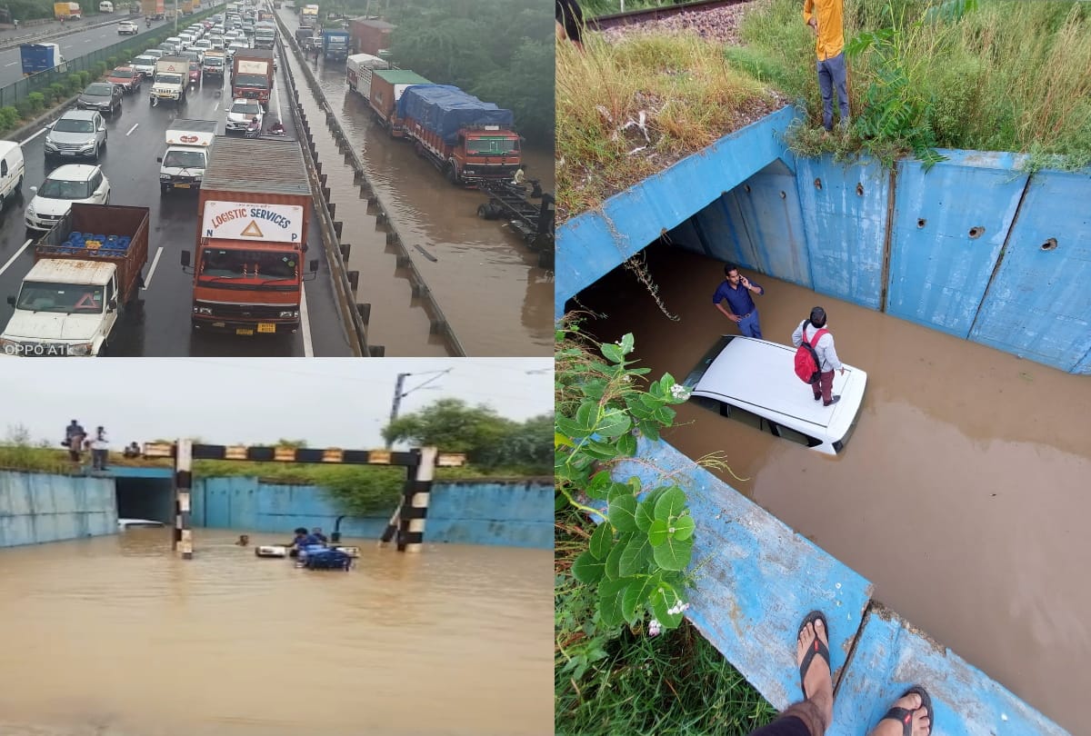 Delhi Gurugram Noida Faridabad ghaziabad Live updates on Rain Traffic Jam see photos of rain and traffic jam
