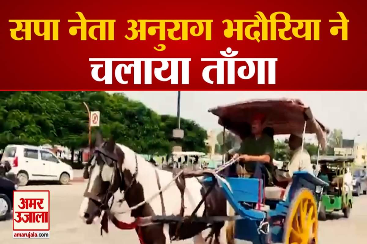 सपा प्रवक्ता अनुराग भदौरिया ने चलाया ताँगा