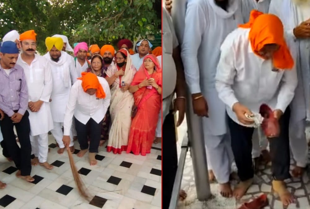 Panj Pyare Dispute: Harish Rawat doing atonement By Sweeping in Nanakmatta Gurudwara photos