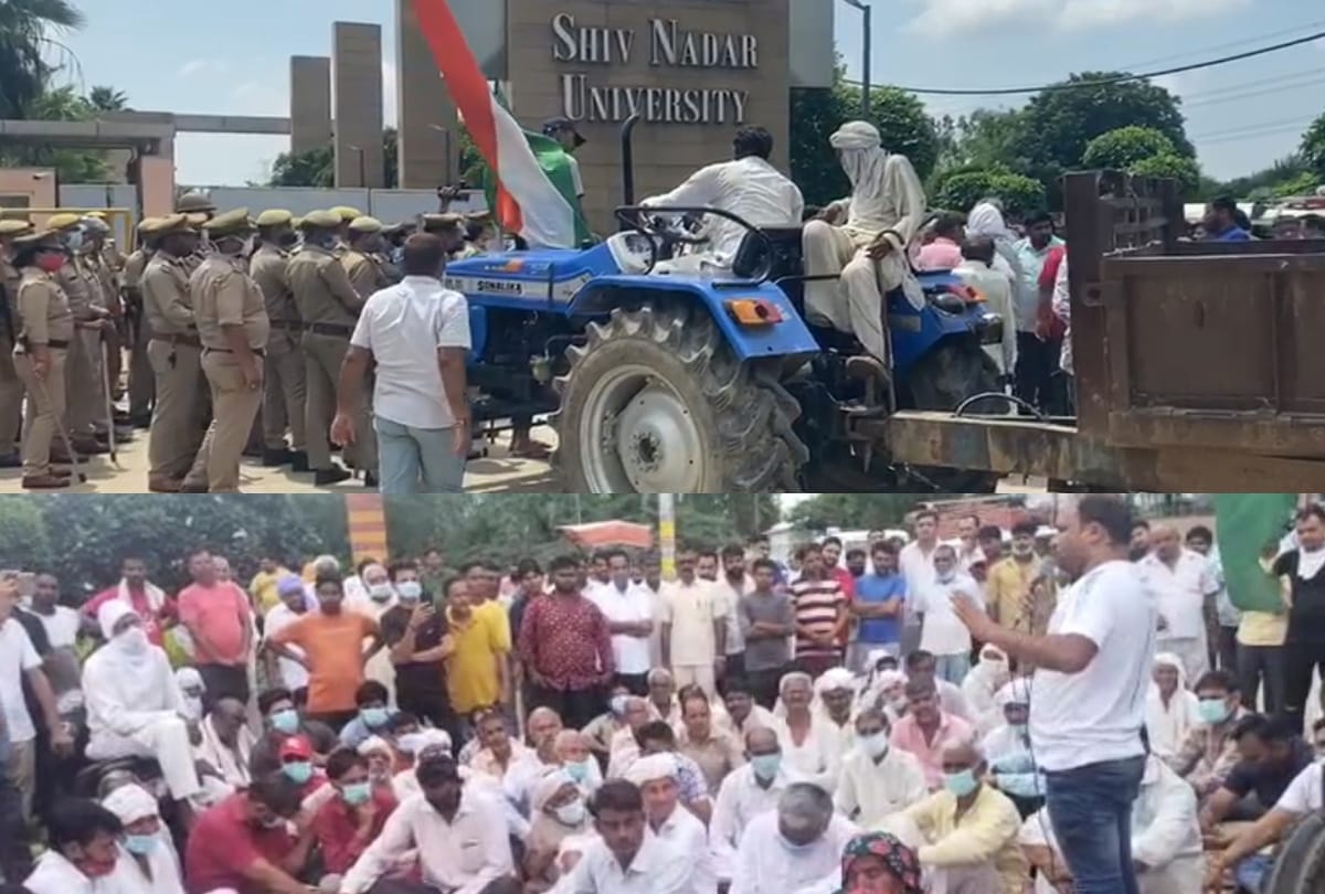 Greater Noida Farmers protest outside shiv nadar university police force deployed