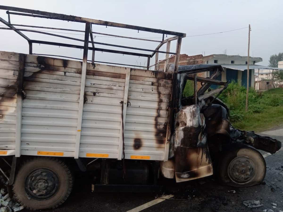Truck collided in a parked pickup many boxes of liquor burnt due to fire Azamgarh