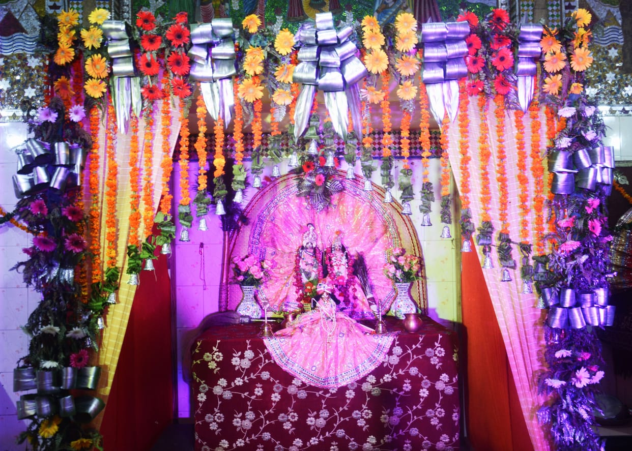Shreeji sits in flower bungalow on Radhashtami
