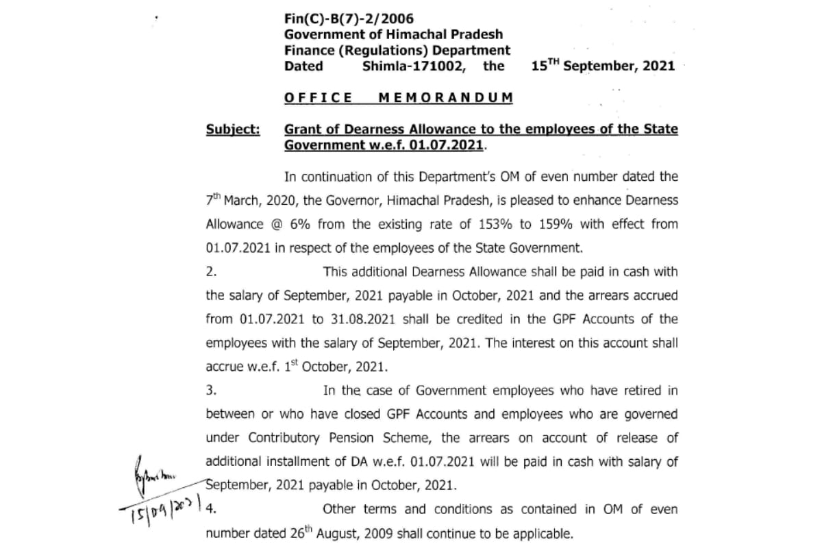 Six Percent Dearness Allowance To Himachal Pradesh Employees and Pensioners Notification