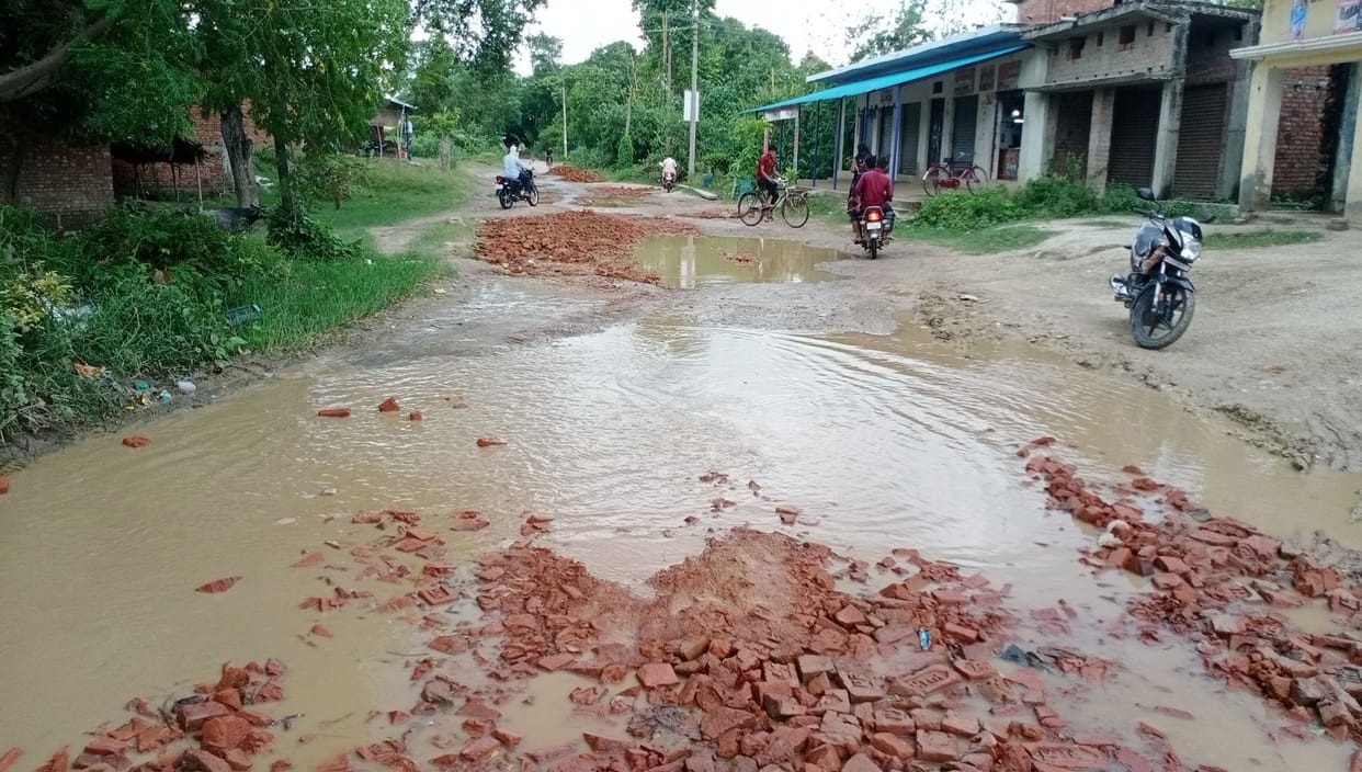 The potholes of the roads are being closed with only bricks