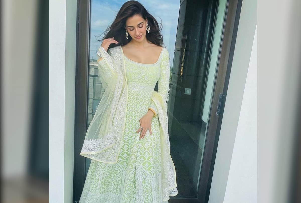 Disha Patani Traditional Look With Lime Green Heavy Anarkali Suit