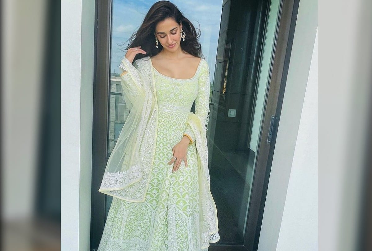 Disha Patani Traditional Look With Lime Green Heavy Anarkali Suit