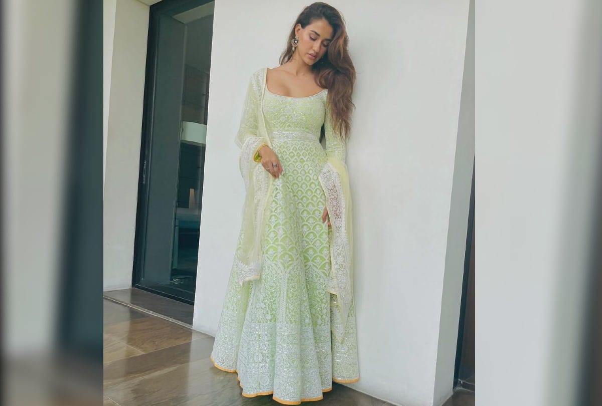 Disha Patani Traditional Look With Lime Green Heavy Anarkali Suit