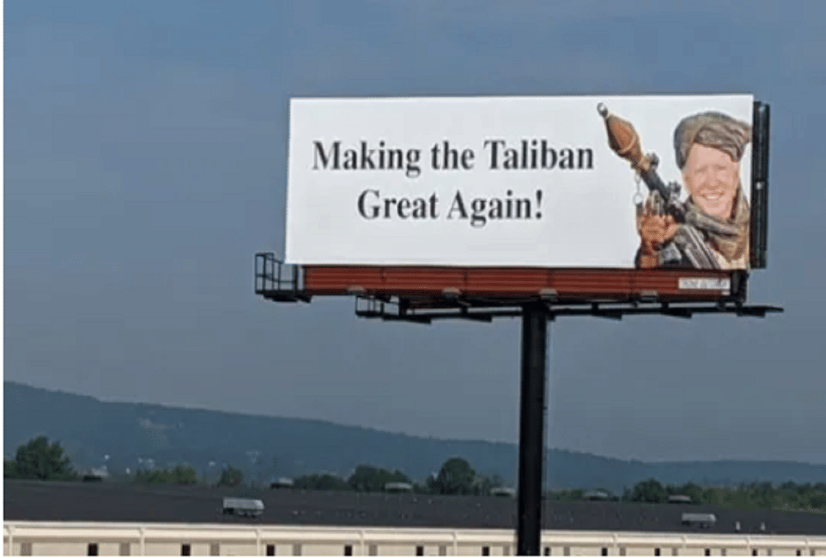 Poster War US President Appeared In Terrorist Clothing Was Written Making Taliban Great Again