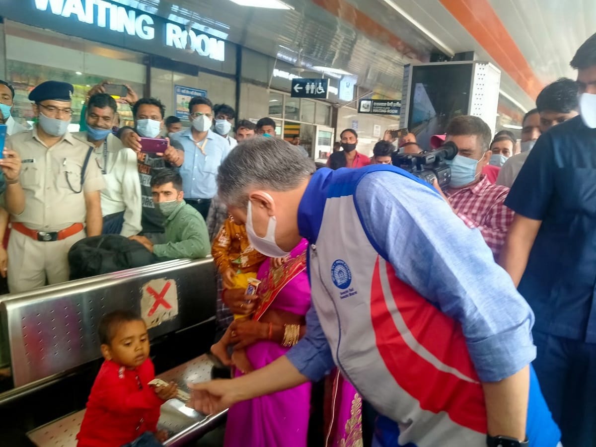 Railway Minister Ashwini Vaishnav distributed chocolates to children at the new delhi railway station on occasion of PM Modi Birthday