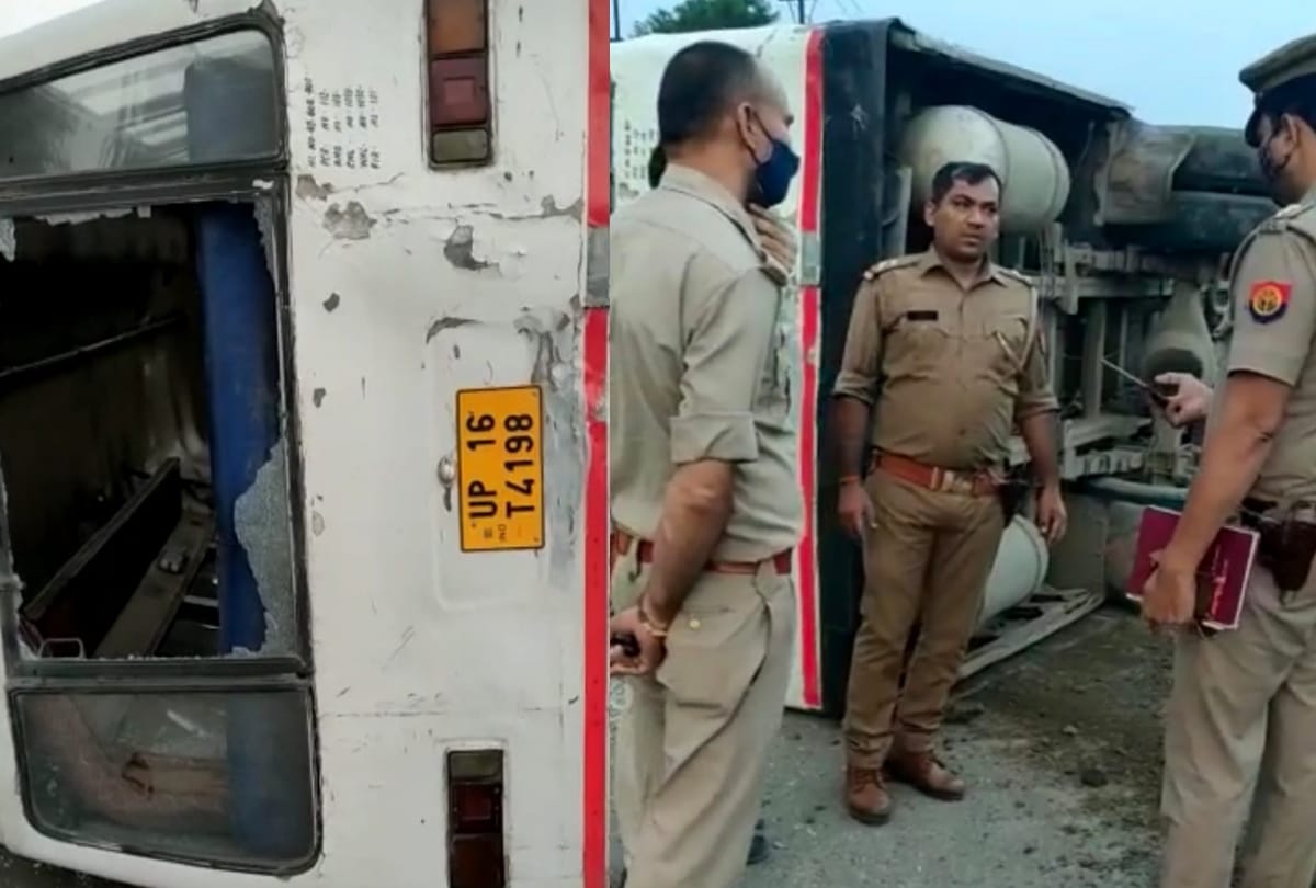 Greater Noida company staff bus overturned after hitting with diving one woman died