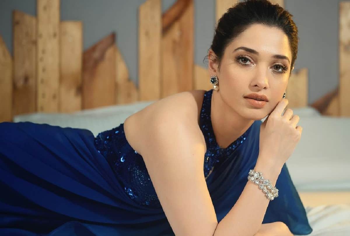 Tamanna Bhatia Traditional Look on Blue Ruffle Saree With Bralette Blouse