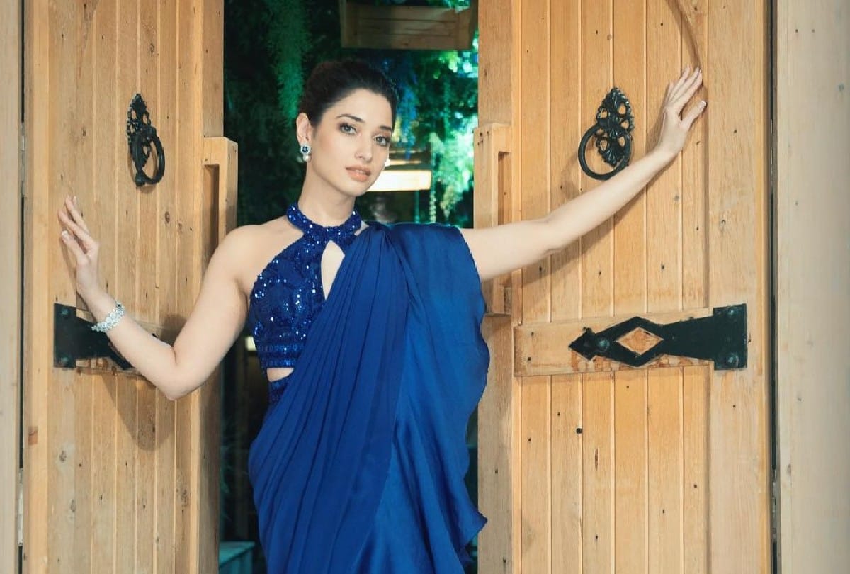 Tamanna Bhatia Traditional Look on Blue Ruffle Saree With Bralette Blouse