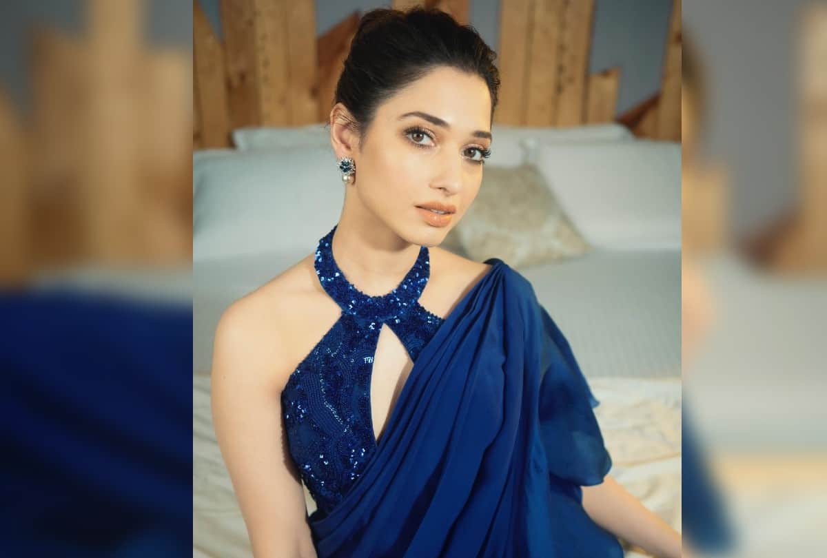 Tamanna Bhatia Traditional Look on Blue Ruffle Saree With Bralette Blouse
