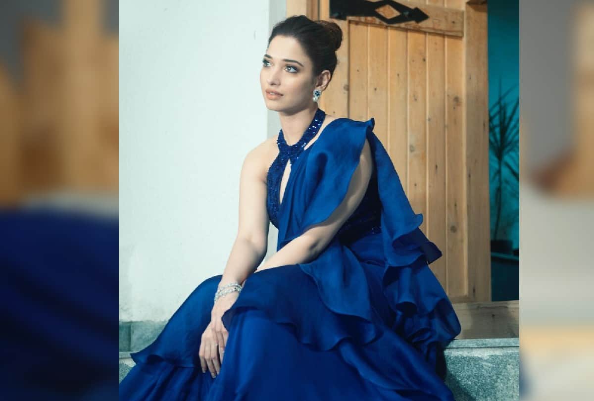 Tamanna Bhatia Traditional Look on Blue Ruffle Saree With Bralette Blouse