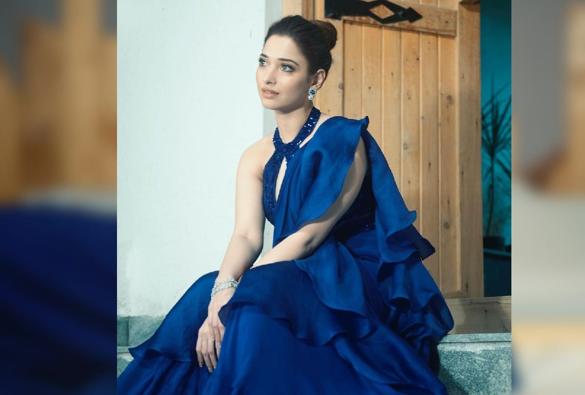 Tamanna Bhatia Traditional Look on Blue Ruffle Saree With Bralette Blouse
