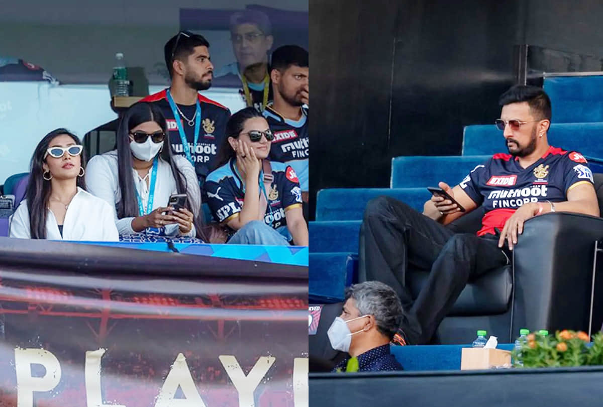 KKR vs RCB IPL 2021 Photos: Virat Kohli Brendon McCullum talk; Actor Sudeep Dhanashree in stadium