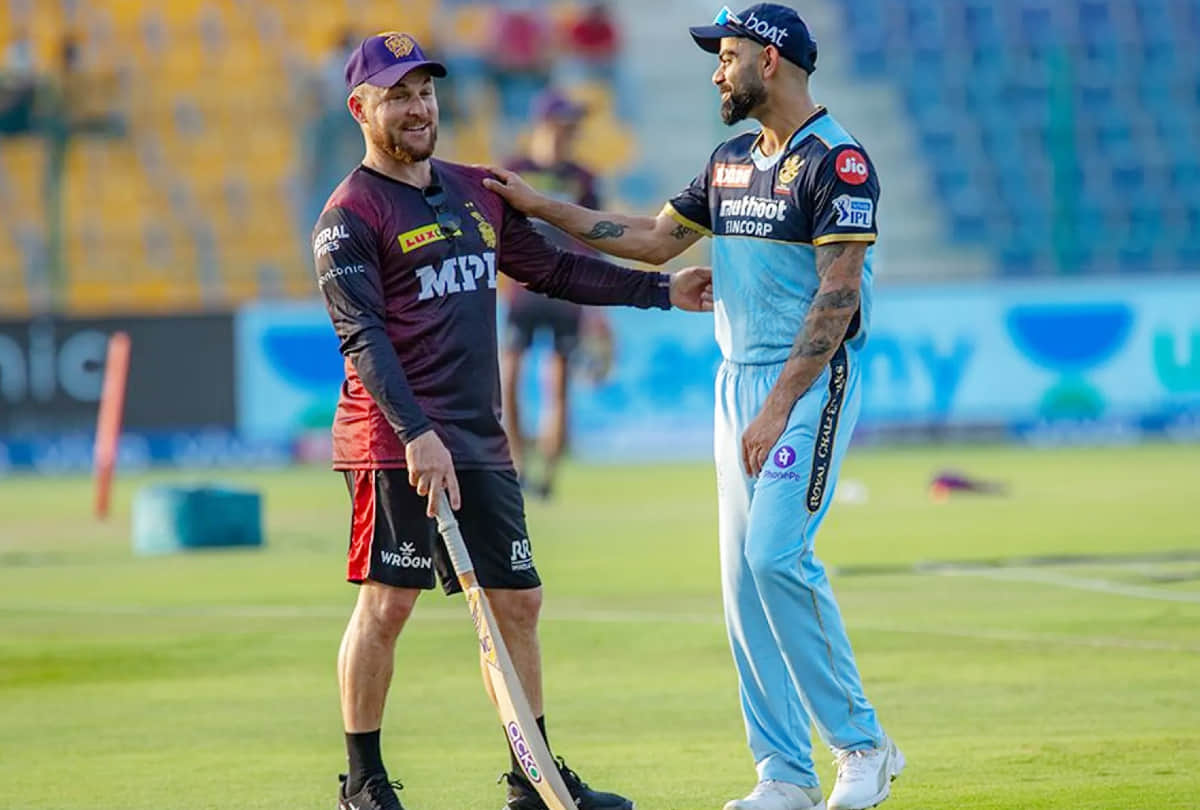 KKR vs RCB IPL 2021 Photos: Virat Kohli Brendon McCullum talk; Actor Sudeep Dhanashree in stadium