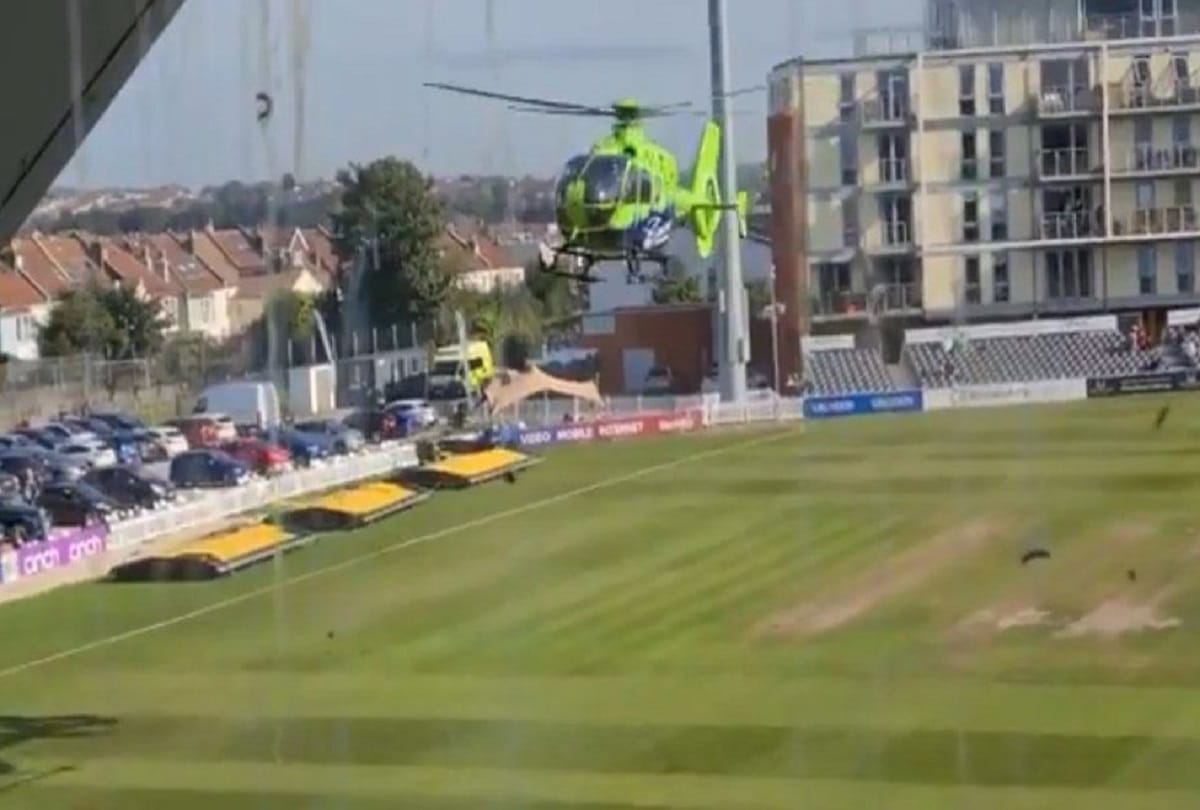 air ambulance landed on-the cricket field during  Durham vs Gloucestershire county championship match watch video