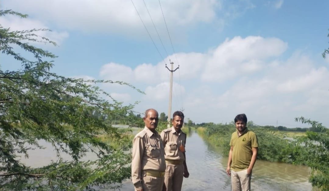 Road cut, culverts and crops submerged due to water flow