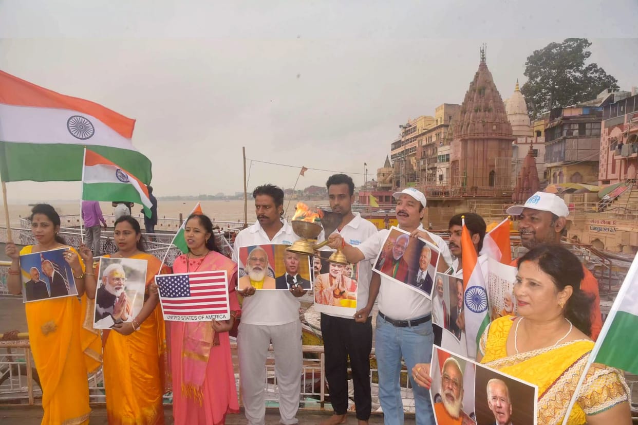 PM Modi and Biden bilateral meeting namai gange performing ganga aarti and Praying for better India US friendship