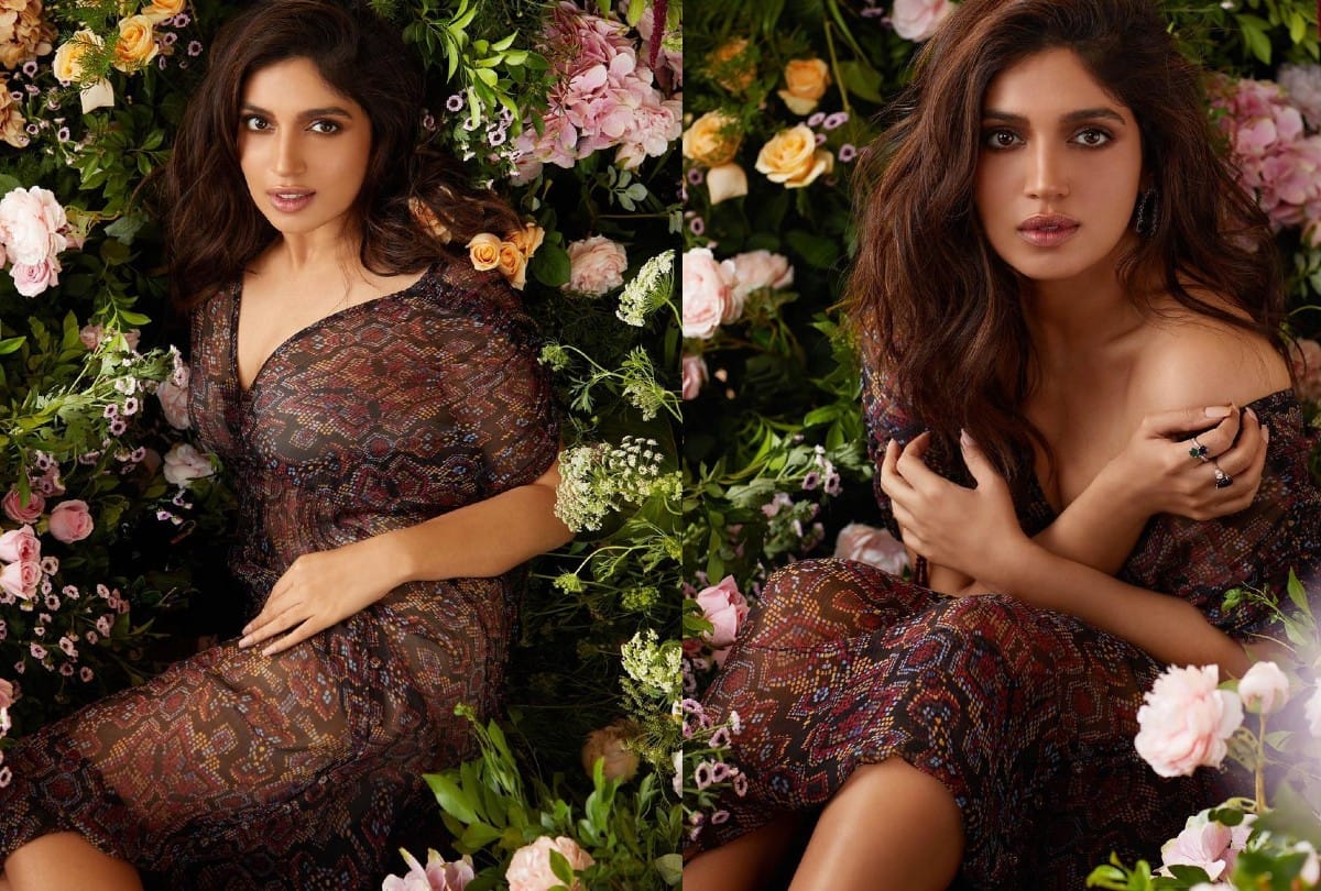 bhumi pednekar show toned abs in brown bra top