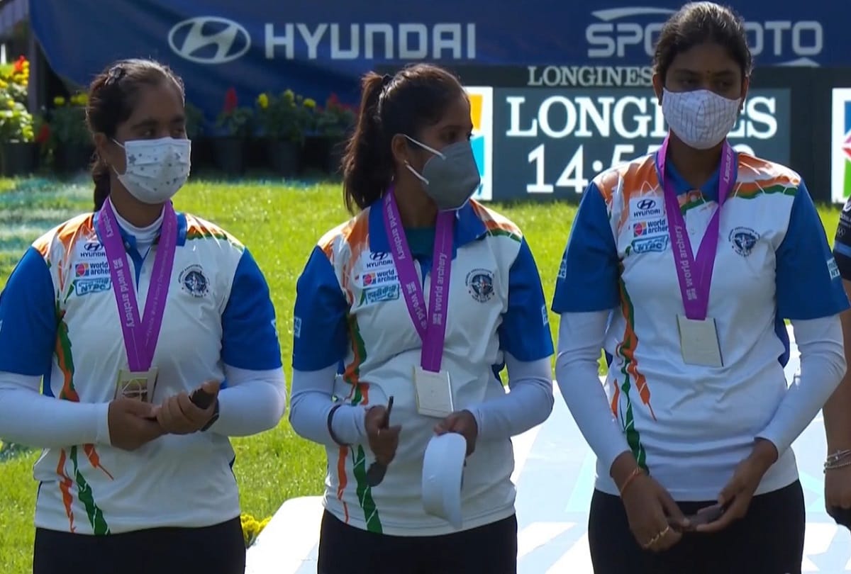 Indian Compound Women team of VJ Surekha kirar muskan and Priya Gurjar wins Silver medal at the World Archery Championships 2021