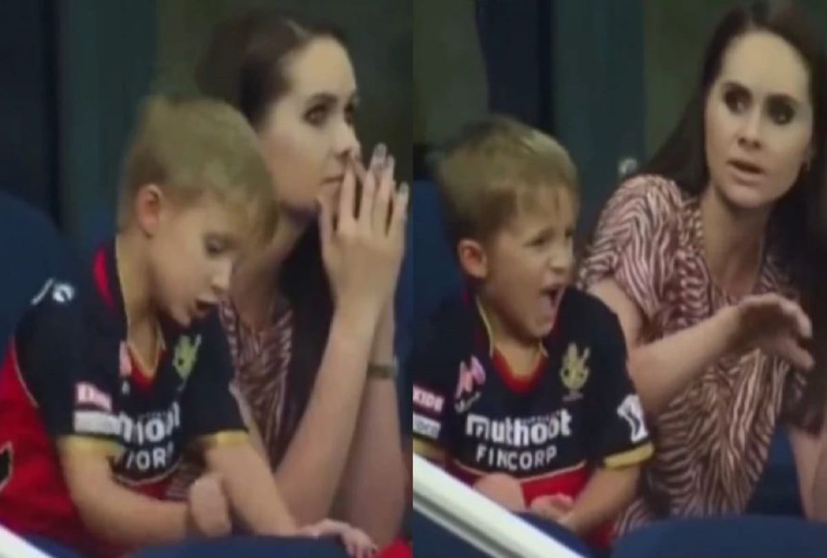 IPL 2021 AB de Villiers son punches his hand on chair in disappointment after his father got out during RCB vs MI match at dubai watch video