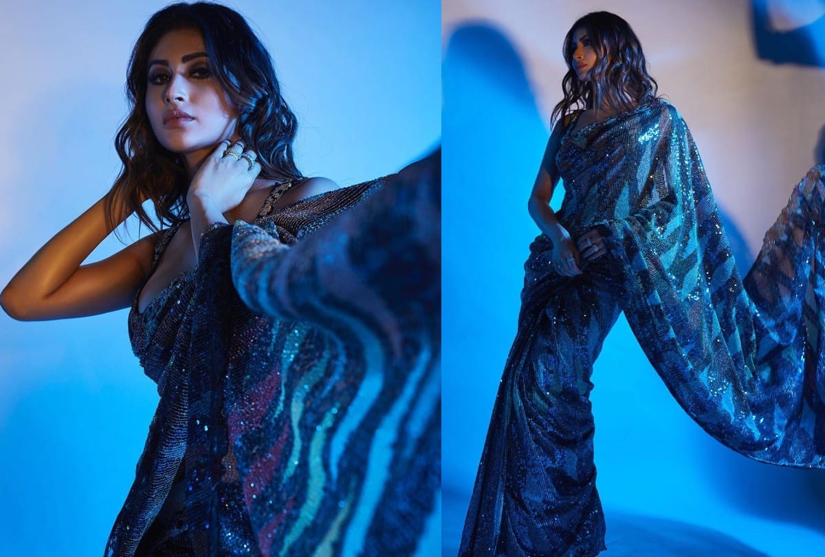 Mouni Roy Traditional Look in Blue Bralette Sequin Saree