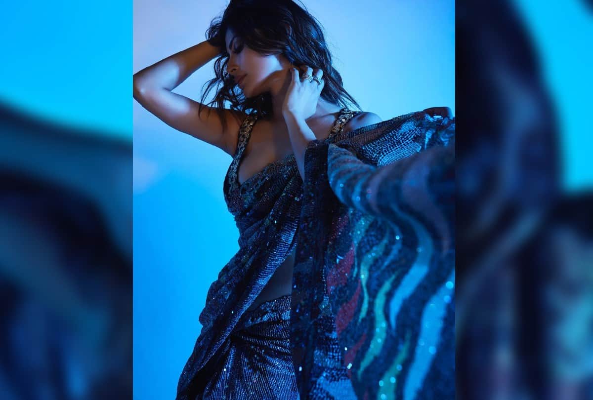 Mouni Roy Traditional Look in Blue Bralette Sequin Saree
