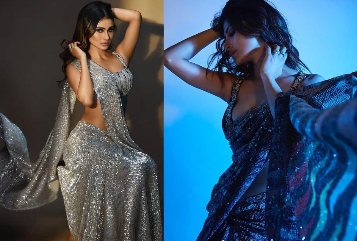 Mouni roy saree look in silver and golden sarees traditional outfit fashion tips