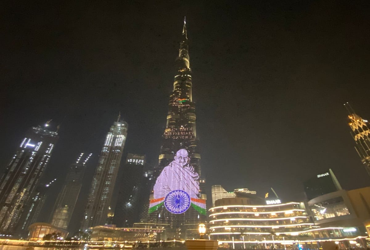 Burj Khalifa in Dubai illuminates Mahatma Gandhi image on the occasion of his birth anniversary