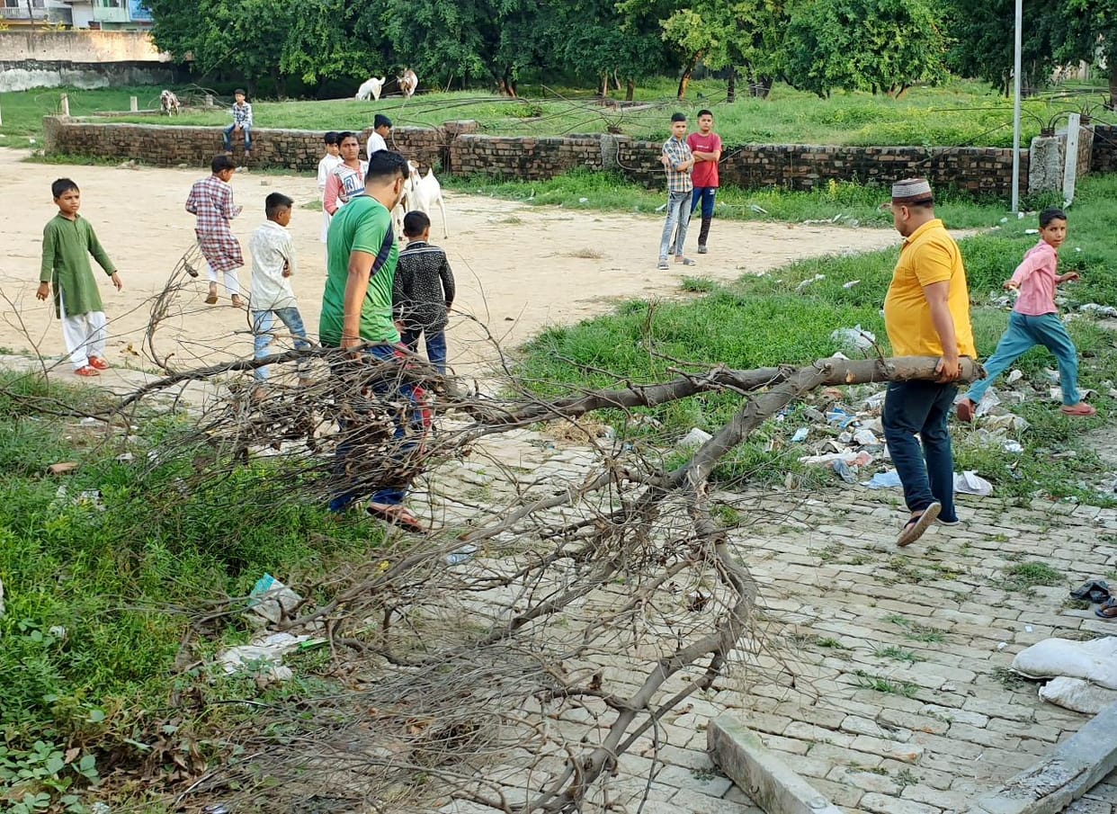 Other class people blocked the way by putting trees and cement poles