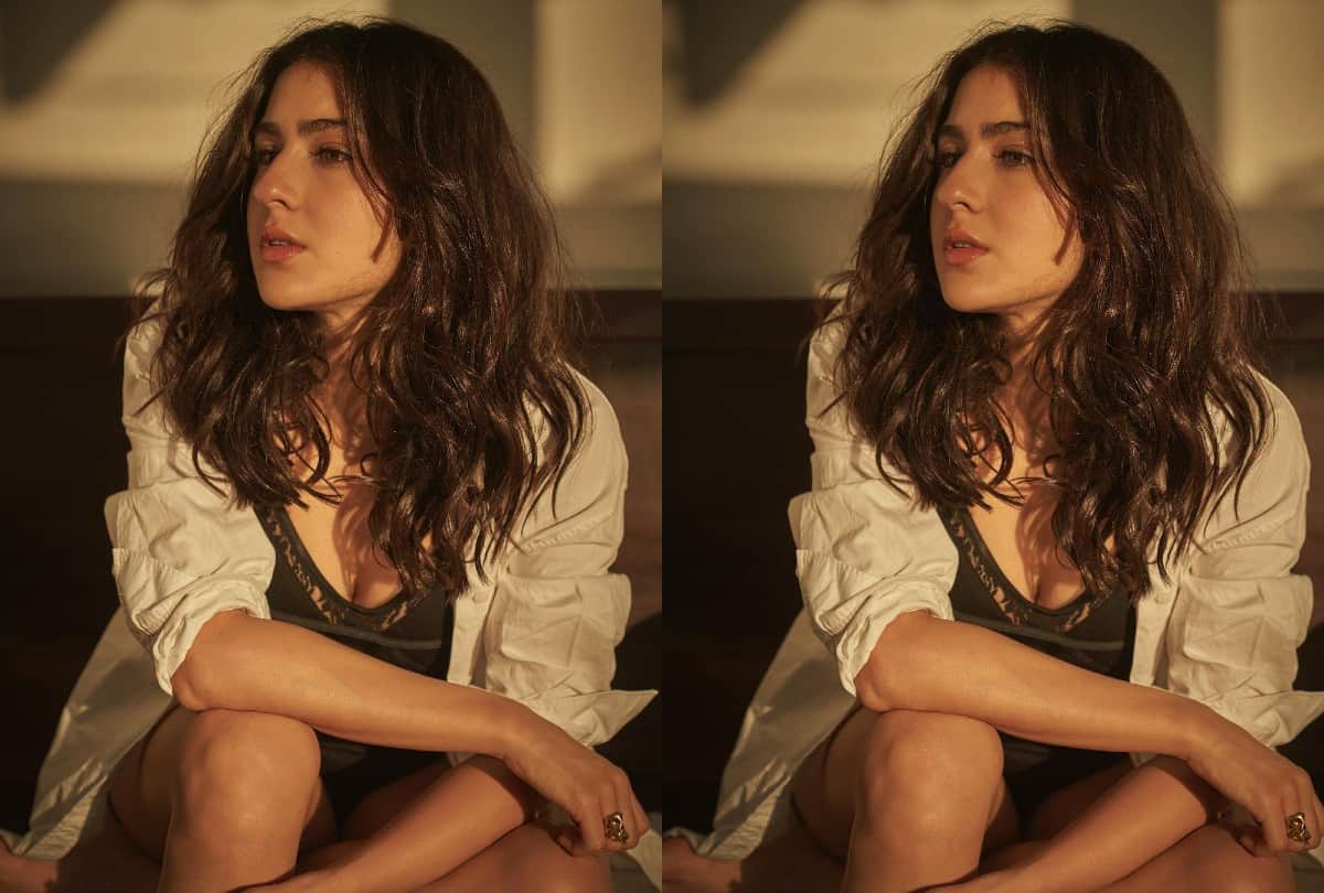 Sara Ali khan bold look in open shirt button Photos viral