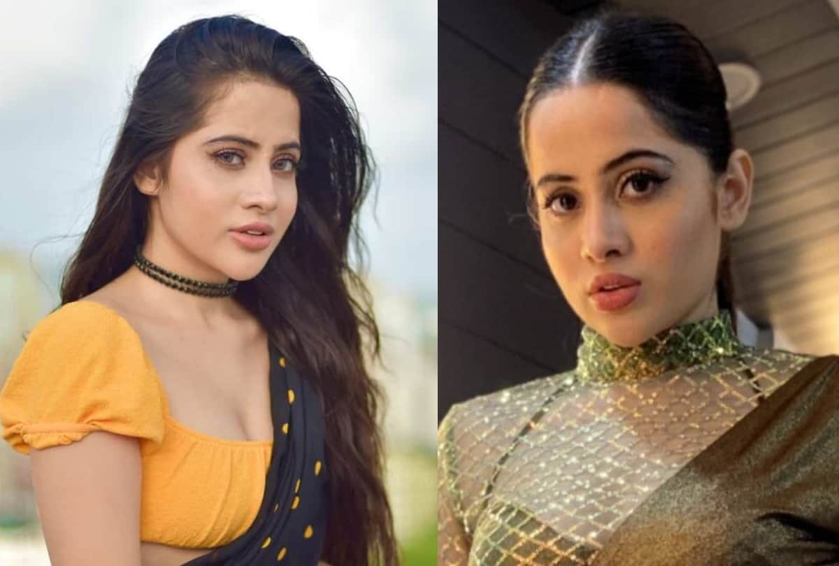 Urfi Javed drapped in net blue saree with off shoulder blouse in winters